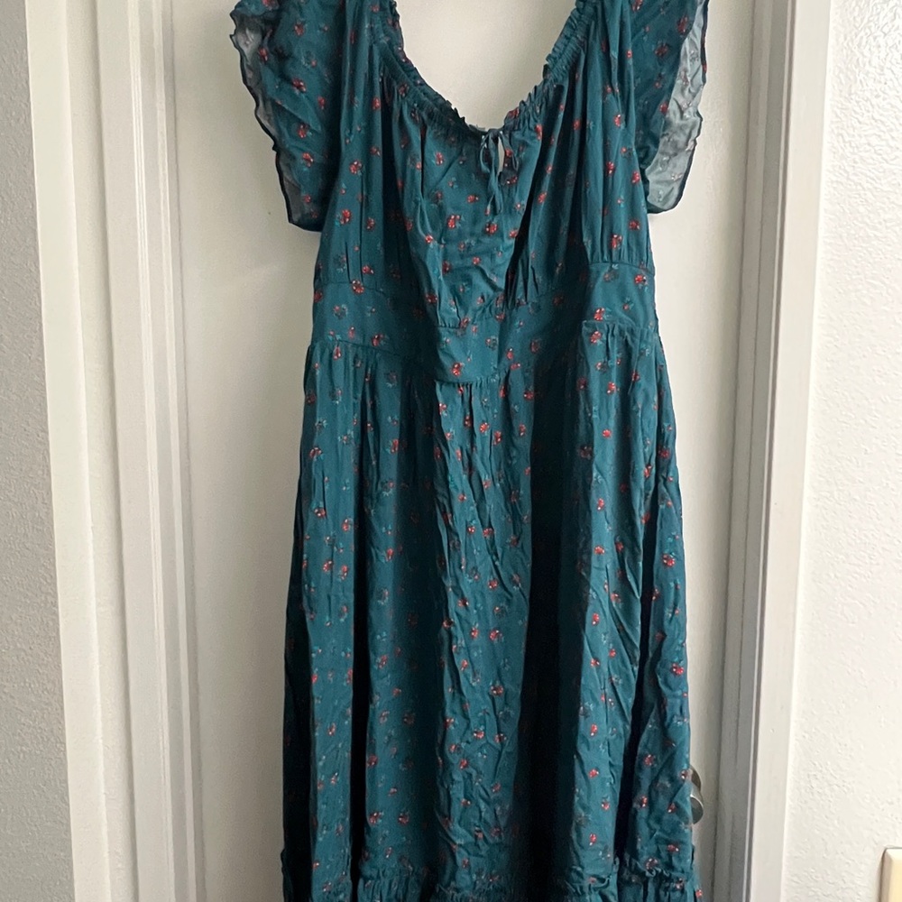 Torrid Blue-Green Ruched Ruffled Midi Sundress